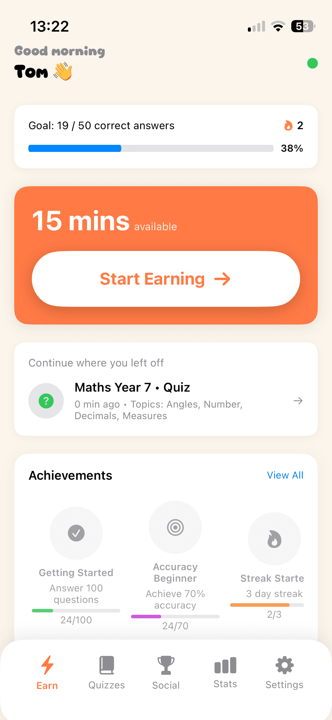 EarnIt Earn screen showing goal progress, available time, and achievements